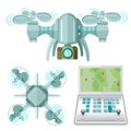 Remote Control And Two Multicopter Or Quadcopter With Camera Top, Side View In Flat Style Isolated